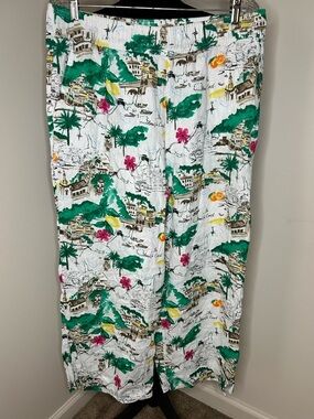 Cynthia Rowley White Linen Pants with Green Palm Print and Yellow Accents